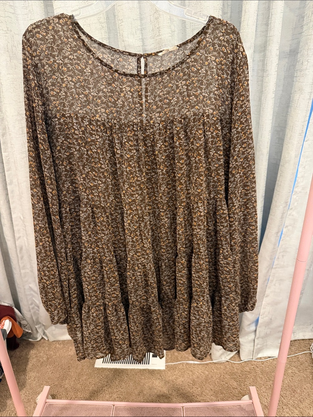 Brown Floral Tiered Long Sleeve Tunic Dress JODIFL